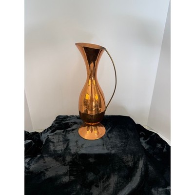 Vintage Copper Pitcher Vase Mid Century Modern Tall Decorative Ewer Brass Handle