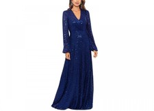 Xscape Women's Long Ball Gown Dress Side Slit Solid Long Sleeve V-Neck A2441