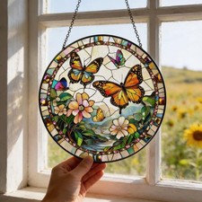 Butterfly Stained Glass Suncatcher Floral Window Hanging Decor