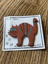 Vintage Cat Wooden Pin Retro 1990s Unique Kitty Brooch Hand Crafted Artisan