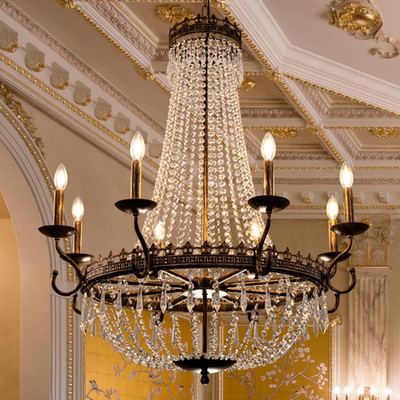 Rustic French Empire Crystal Chandelier for High Ceilings - Antique Bronze 36'' W