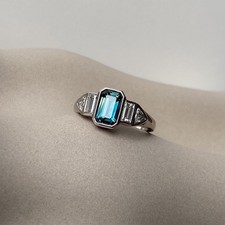 Teal Sapphire Ring 925Sterling Silver Emerald Cut Three Stone Ring Gift For Her.