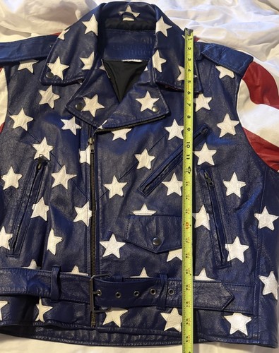 Vtg All American Rider Stars And Stripes Genuine Leather Flag Biker Jacket Sz L - Picture 7 of 10