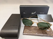 Persol PO5004ST 800031 Hexagonal Sunglasses, Gold Titanium Frame Green, 50 mm