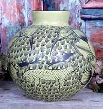 Floral Vase Coyote Birds Lime Green Handmade ...