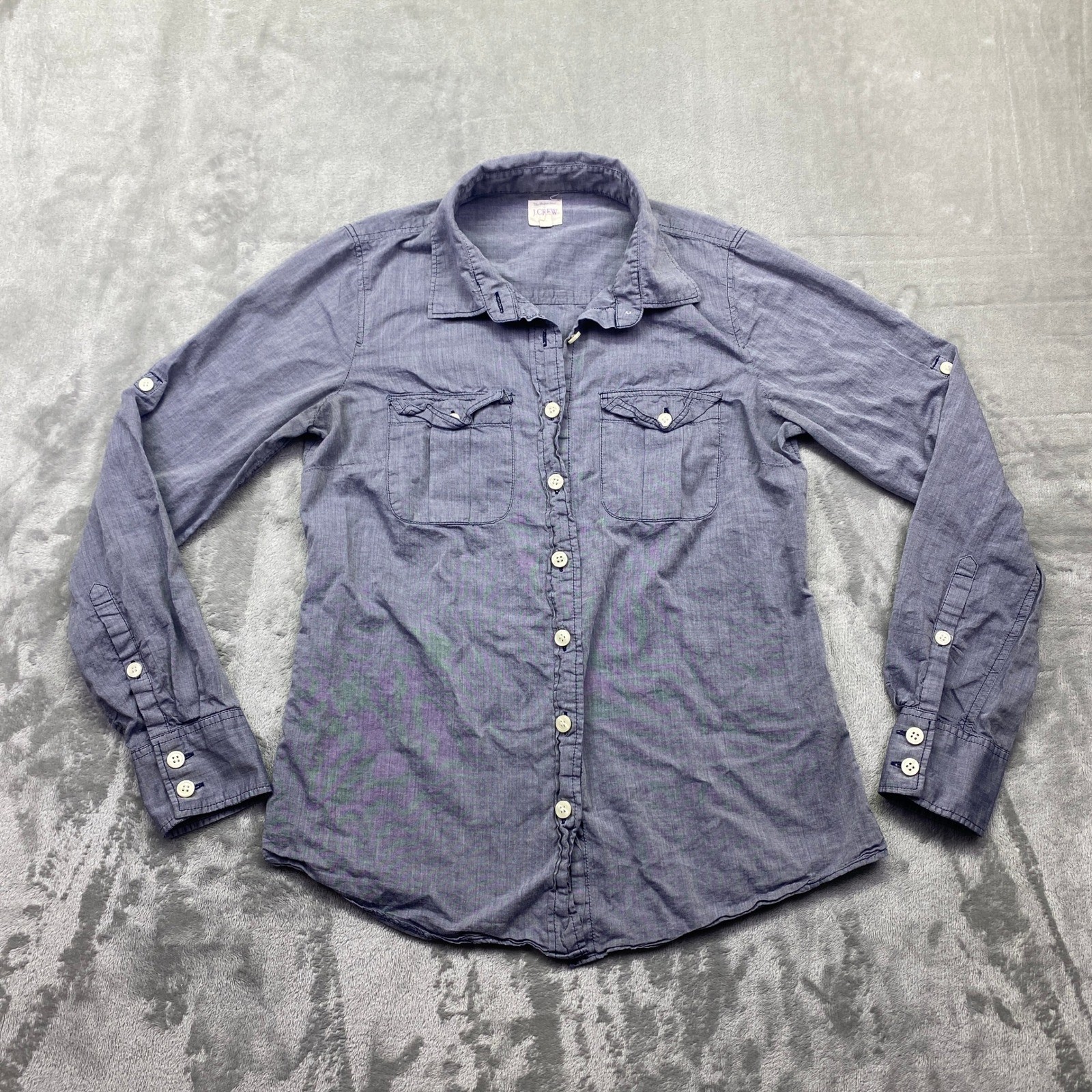 J.Crew The Perfect Shirt Womens XS Blue Chambray Button Down Roll Tab Sleeve