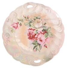 Vintage Lustreware Plate Platter Iridescent Handled Roses G.Wiegand Germany 10"