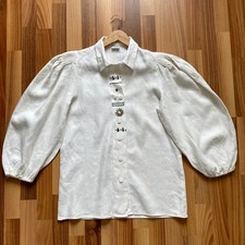 1980s Vintage Embroidered Linen Blouse Button Front Edwardian Peasant Folk EU 38