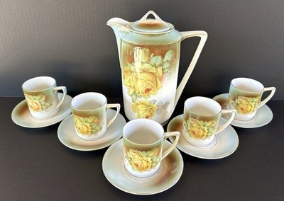 Antique Kahla Germany Porcelain Chocolate Pot Cups Saucers Set Yellow Roses