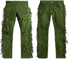 Men's Western Cowboy Genuine Suede Lambskin Leather Green Fringe Pant