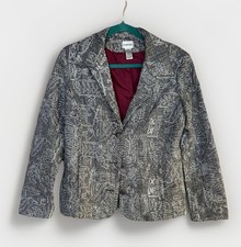 Chicos blazer Sz 8 Chico  s Sz 1 Black Gray abstract W/Silver Metallic Stitching
