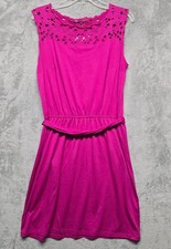 Ann Taylor Loft Dress Women Sz Medium Pink Fuschia Belted Crochet Neckline Accen