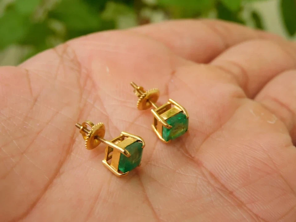 Boucles d'oreilles anciennes en argent sterling 925 fait main en pierre émera... - Photo 2/4