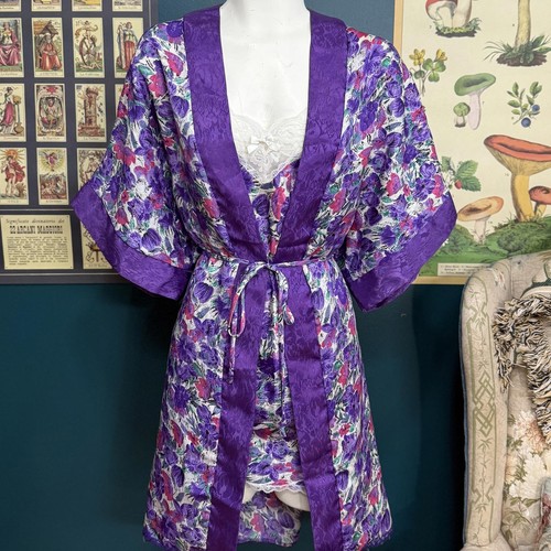 Vintage 70s Kasara Purple Floral Lingerie Set Slip Dress & Robe size M - Picture 2 of 8