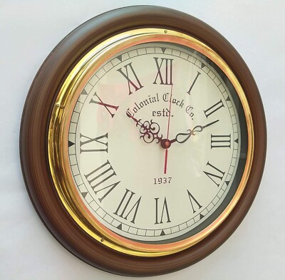 Antique Wooden Finish Brass Wall Clock Brown, 16 Inch