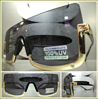 Classy Elegant Contemporary MODERN SHIELD Style SUN GLASSES Gold & Black Frame