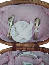 Vintage Mini Wicker Picnic Basket Porcelain Rose Dishes 33 Piece Set W Doll