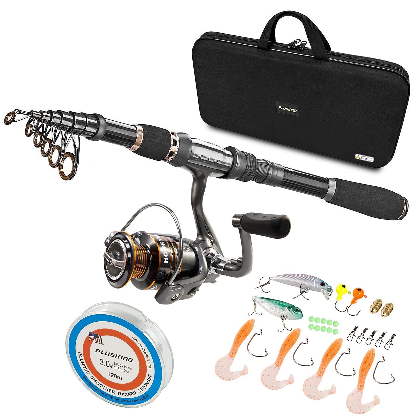 PLUSINNO Telescopic Fishing Rod and Reel Combos Full Kit, Ca