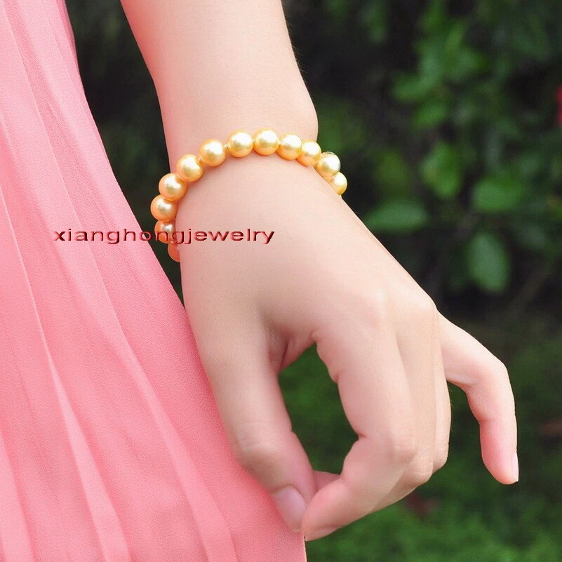 AAAAA 7.5"10-11mm Natural real round south sea golden pearl bracelet 14K GOLD - Image 2 of 4