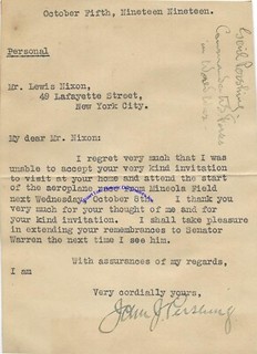 General John Pershing signed letter just after end of WWI re airplane race