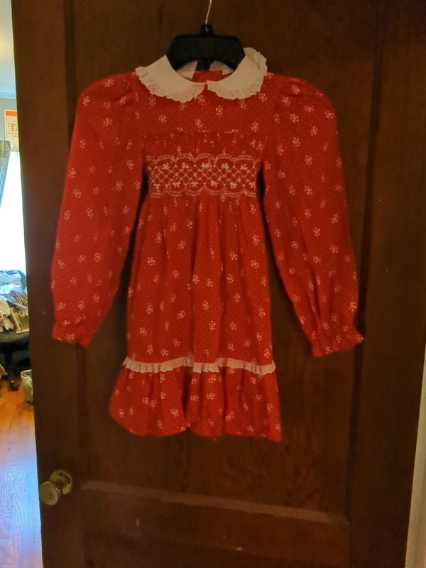 VTG POLLY FLINDERS dress sz 6 red hand smocked embroidery