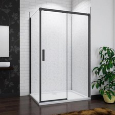 Black Slim Sliding Shower Enclosure Door 8mm Glas Cubicle Side Panel Stone Tray