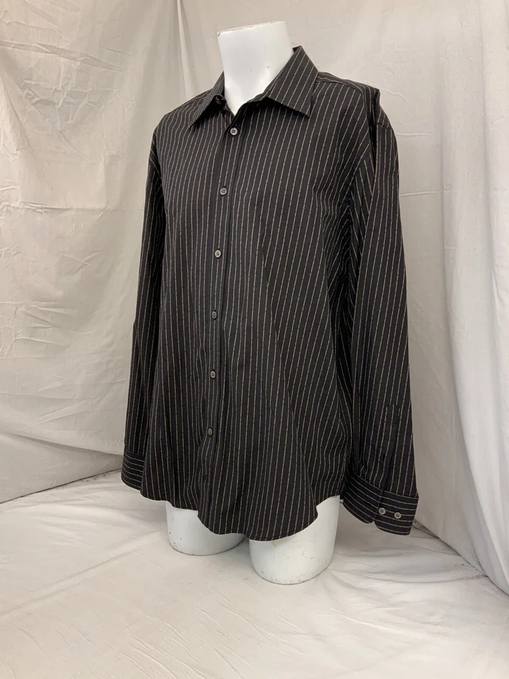 Рубашка Bugatchi Uomo Dress Shirt XL мужская черная полоса хлопок на пуговицах YGI N2-215 - Изображение 4 из 4