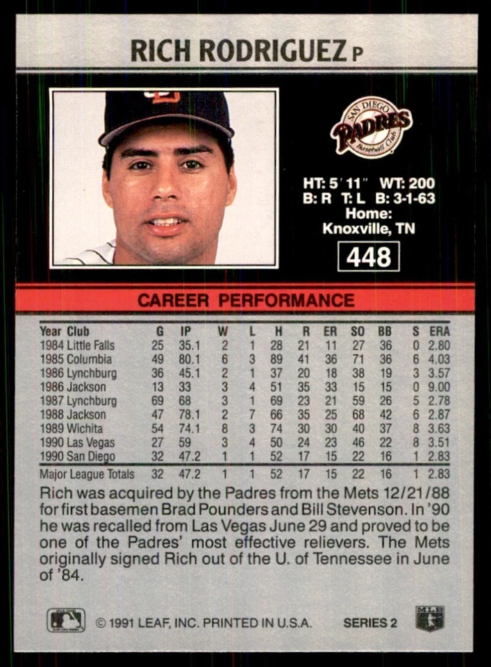 1991 Leaf Rich Rodriguez Baseball Cards #448 - Image 2 of 2