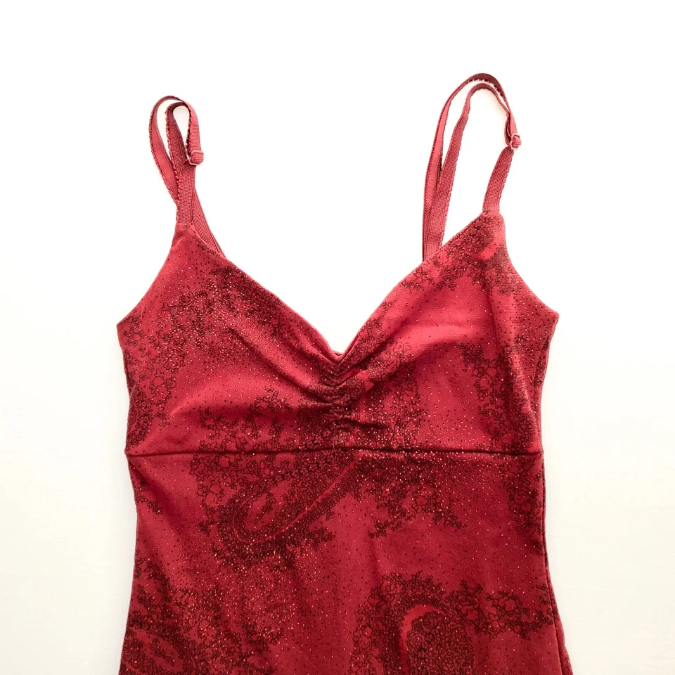 Y2K начале 2000-х Slinky чистый красный блестящий оборки спагетти ремень Кокетливое платье S - Изображение 3 из 4