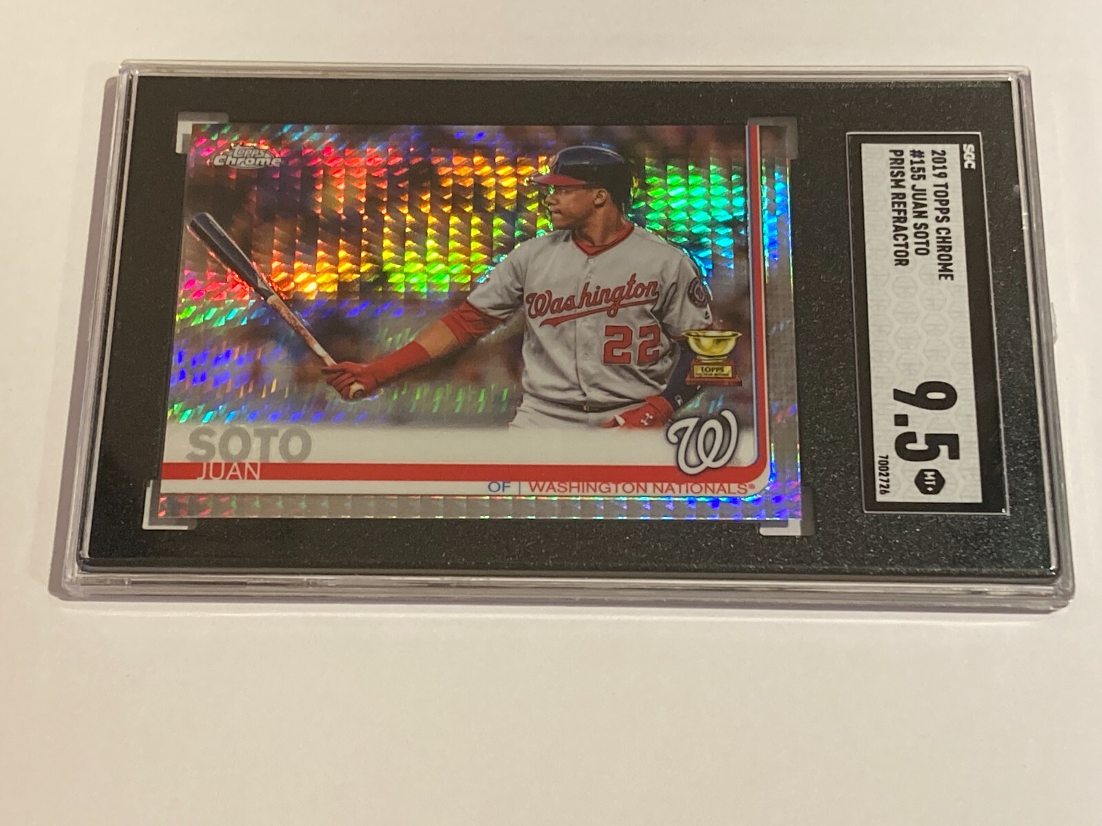 Juan Soto 2019 Topps Chrome Prism Refractor Card SGC 9.5 Mint+ Rookie Cup #155