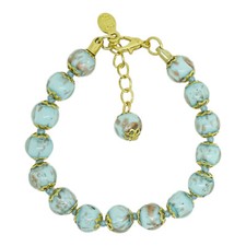 Bracciale In Vetro Di Murano Blu Chiaro Bronzo Oro Fatti A Mano Venezia 15 Perle