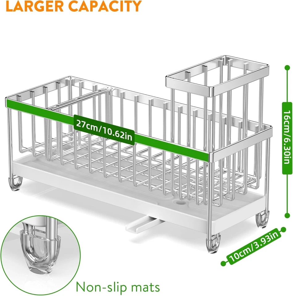 Rustproof X-Large Kitchen Sponge Holder with Tall Brush Organizer - Space-Saving - Image 4 of 4