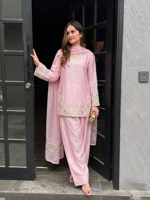 Presenting Pure Natural Crep Silk Pink Top Bottom With Dupatta For Women Wear