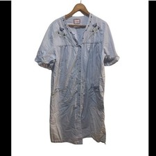 Vintage housecoat nightgown Granada blue checked w floral embroidery pearl snaps