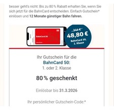 BahnCard 50 Deutsche Bahn 80% Rabatt Gutschein