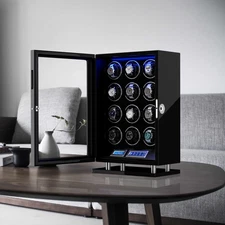 Fingerprint Unlock Automatic 12 Watch Winder Box Case LED Light Remote Control