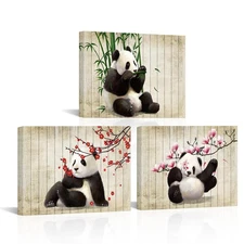 Panda Canvas Wall Art Animals Painting with Bamboo Flowers Cute Picture Print...