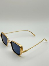 Retro Gold Frame Rectangle Sunglasses - Unisex Vintage Eyewear with Deep Blue L