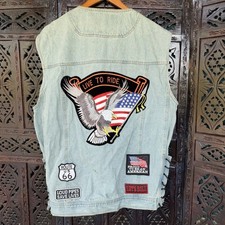 Diamond Plate Biker Denim Vest Mens 2X Motorcycle Eagle USA Route 66 Patches