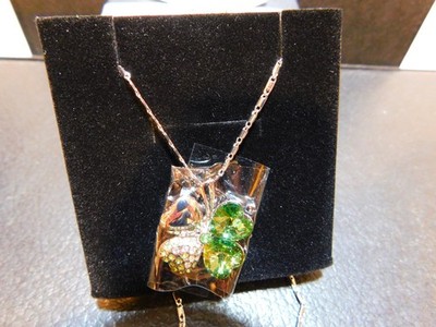 Clover Necklace Silver Tone Green Crystal Rhinestone Four Leaf Charm