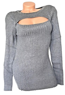 MELROSE Damen PULLOVER Rippstrick Pulli Langarm grau Größe 38 NEU P9