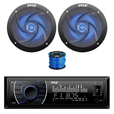 Pyle BT Marine Stereo Receiver, 2x 5.25" 180W LED Speakers Black w/ Wire