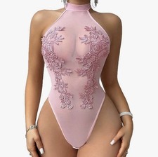Pink Sheer Mesh Floral Embroidered Bodysuit Size Large