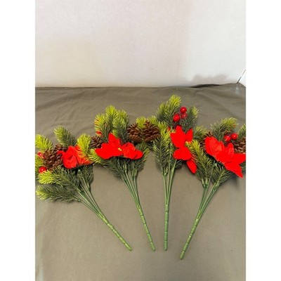 Set of 4Christmas Poinsettia Floral Picks Pinecone Red Berry Holiday Decor Stems