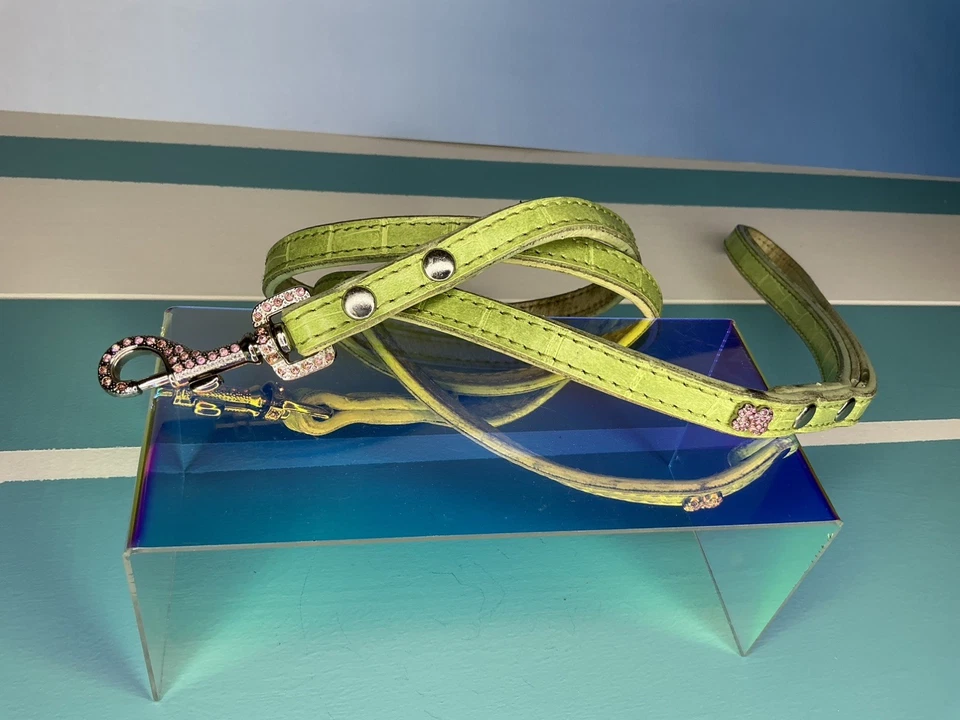 "Cuello y correa de 4 pies de cuero verde cromados usados, huesos de cristal rosa" Foto 2 de 4