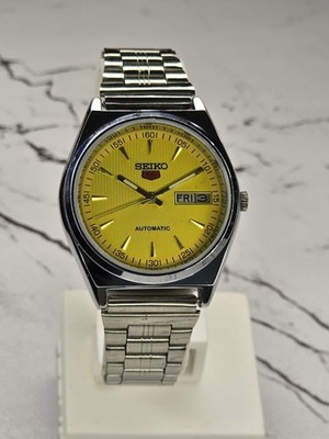 Vintage Automatic Seiko Refurbished Yellow Dial Day / Date Men's Wrist Watch SS