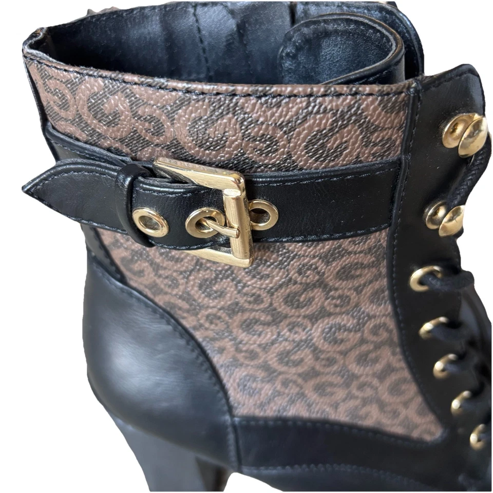 GBG Los Angeles GUESS Mujer’s 9M Negro y Marrón Botines Tacón Bloque Cremallera y Corbata Foto 2 de 4