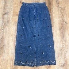 Vtg Maxi Jean Skirt Size 12 Denim Embroidered Floral Modest Farm Cotton Boho EUC