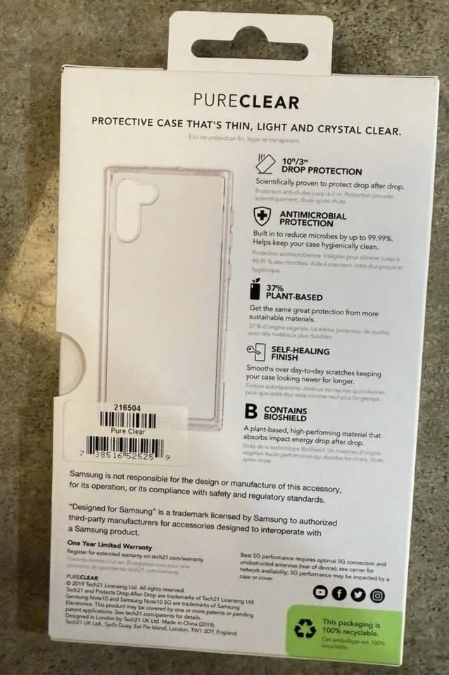 TWO CASES Tech21 PureClear Case Samsung Galaxy Note10/10 5G Drop Protection - Image 3 of 3