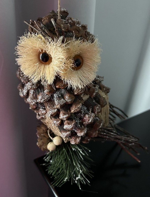 NWOT Pier 1 Sisal Woodland Natural Style Pinecone Owl Christmas Ornament 9”